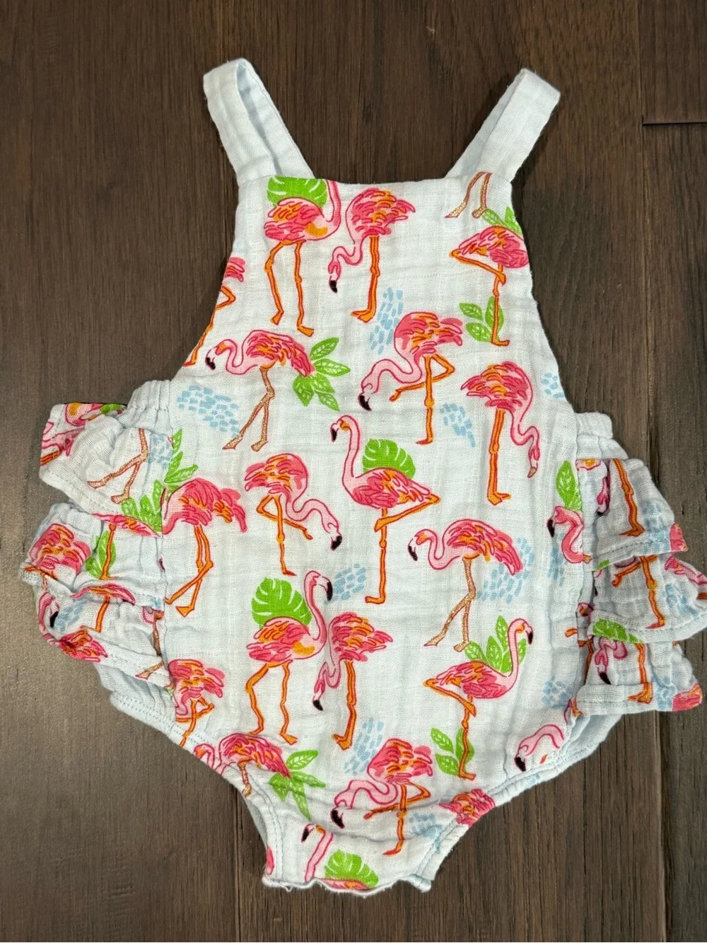 MudPie 6-9 month flamingo ruffle romper with cross cross back